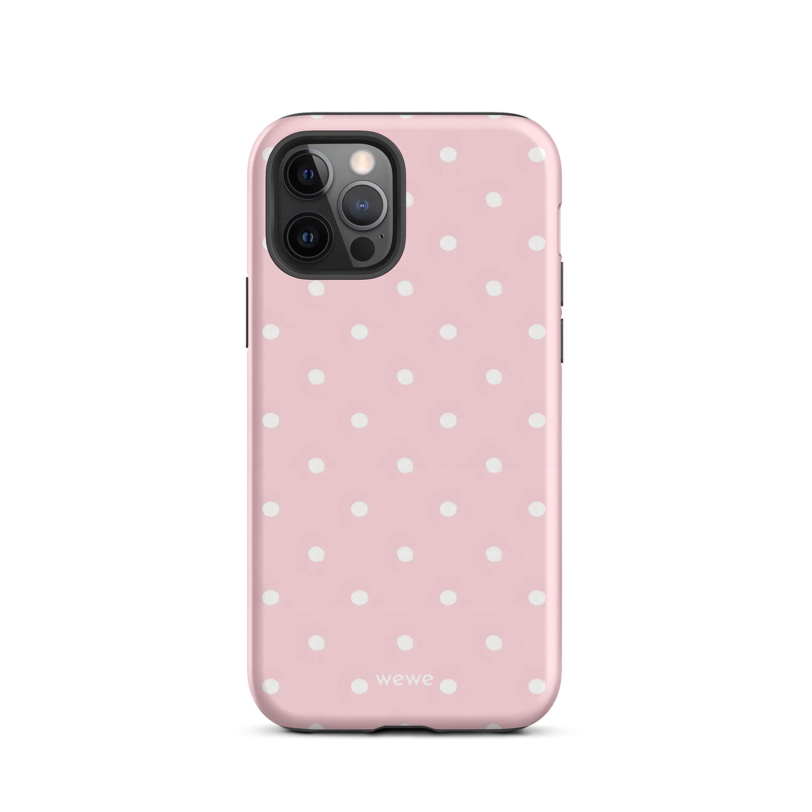 Custom iPhone case 12 pro with a soft pink background and a pattern of small white polka dots.