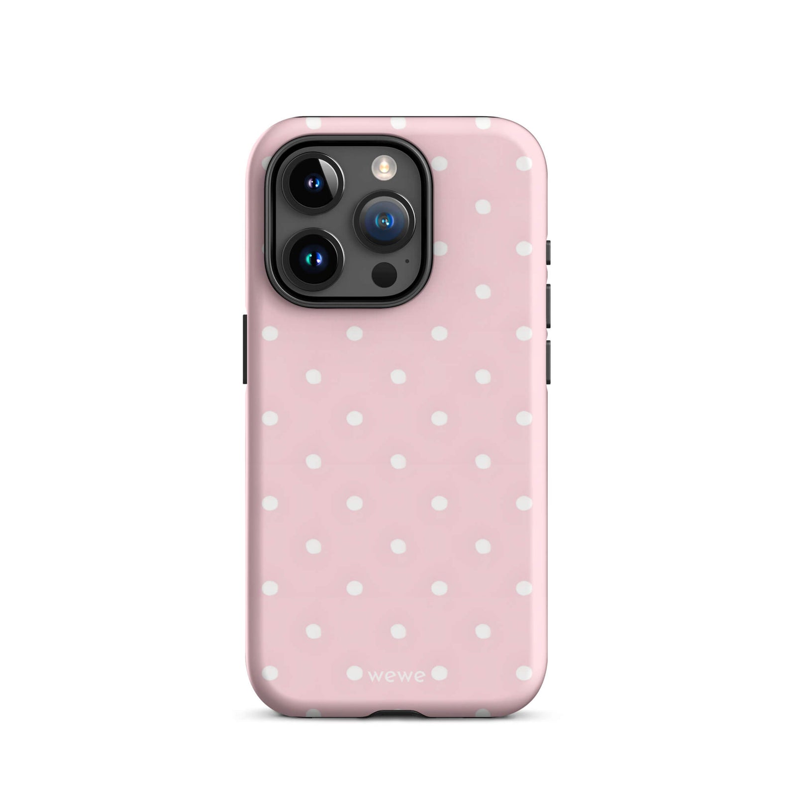 Custom iPhone case 15 pro with a soft pink background and a pattern of small white polka dots.