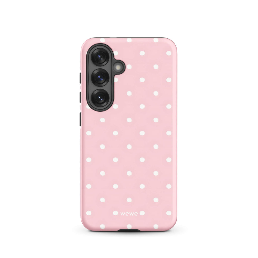 Custom samsung galaxy s25 Phone case with a soft pink background and a pattern of small white polka dots.
