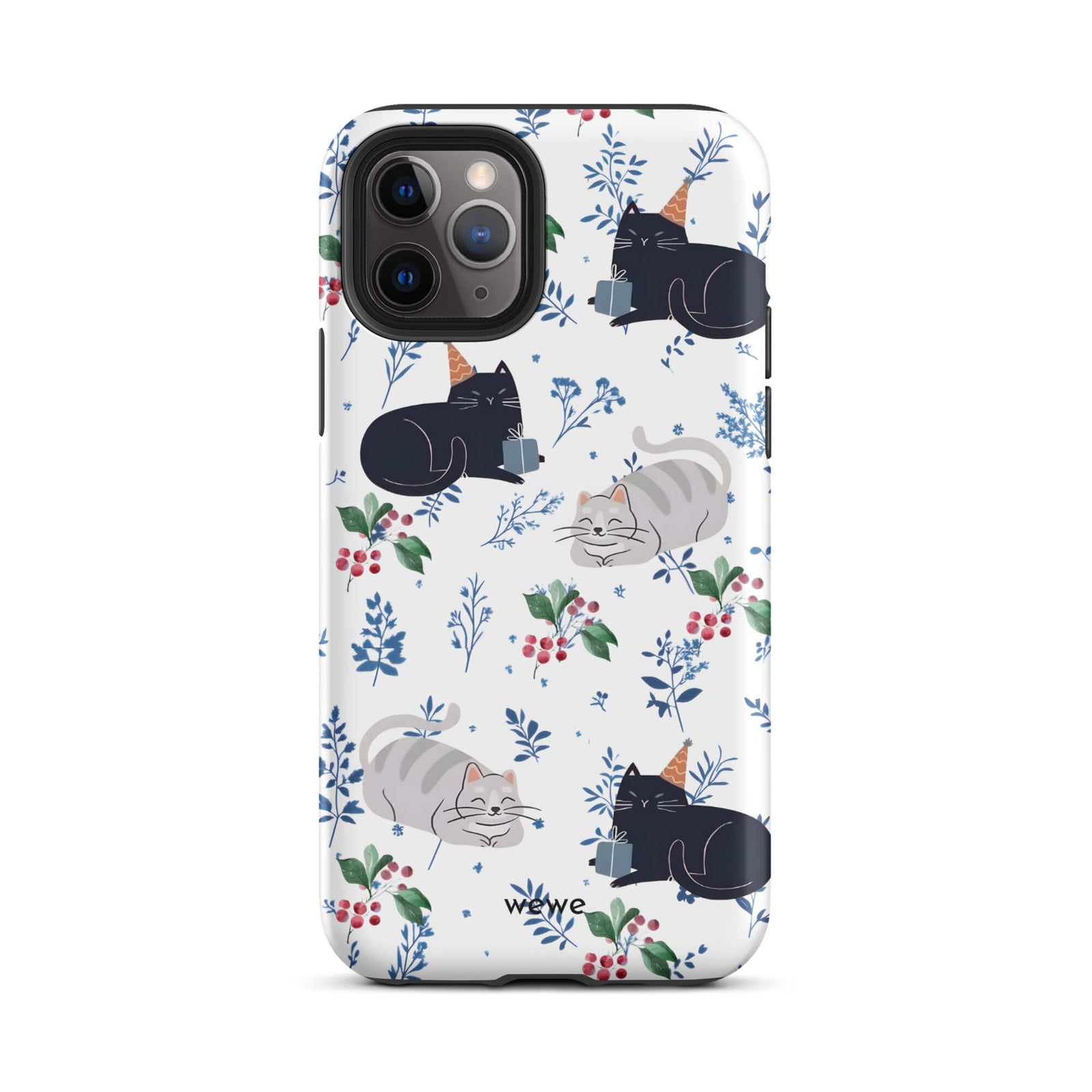Custom iPhone case 11 pro with a cute pattern of black and gray cats wearing party hats, cherries, and floral sprigs on a white background.
