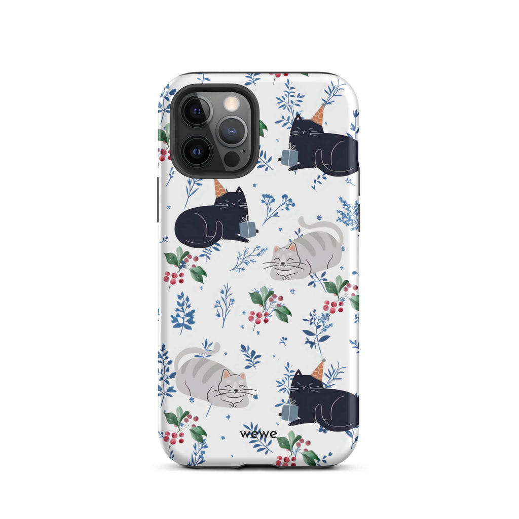 Custom iPhone case 12 pro with a cute pattern of black and gray cats wearing party hats, cherries, and floral sprigs on a white background.