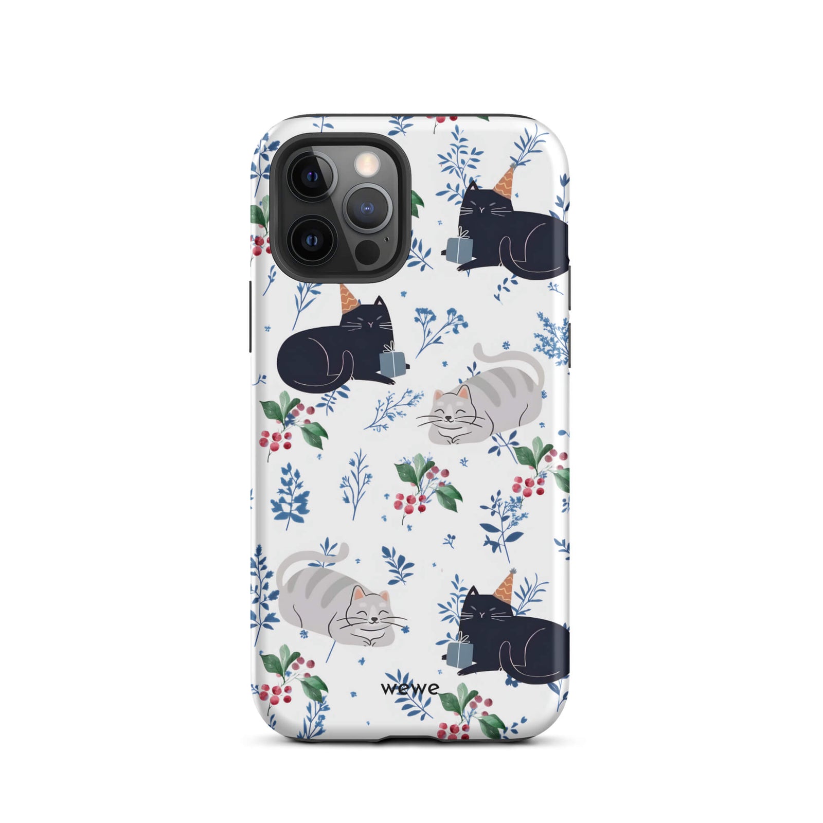 Custom iPhone case 12 pro with a cute pattern of black and gray cats wearing party hats, cherries, and floral sprigs on a white background.