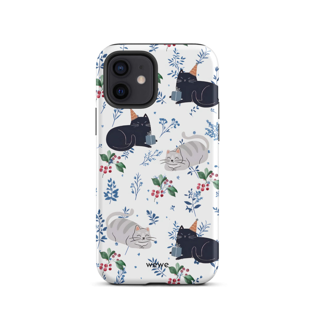 Custom iPhone case 12 with a cute pattern of black and gray cats wearing party hats, cherries, and floral sprigs on a white background.