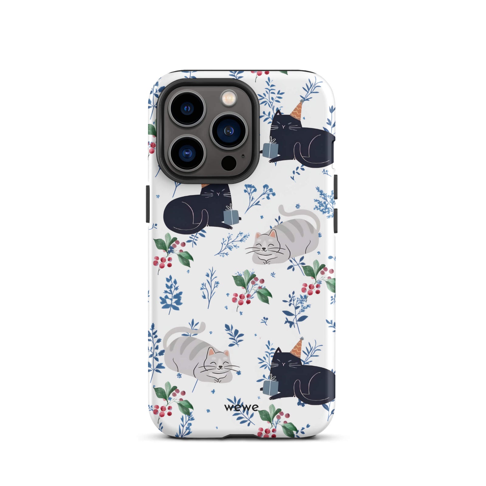 Custom iPhone case 13 pro with a cute pattern of black and gray cats wearing party hats, cherries, and floral sprigs on a white background.