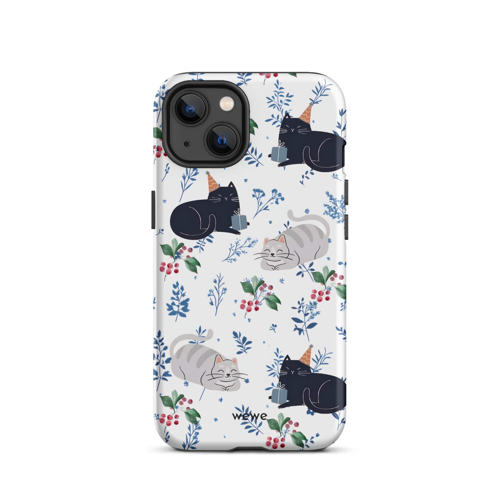 Custom iPhone case 13 with a cute pattern of black and gray cats wearing party hats, cherries, and floral sprigs on a white background.