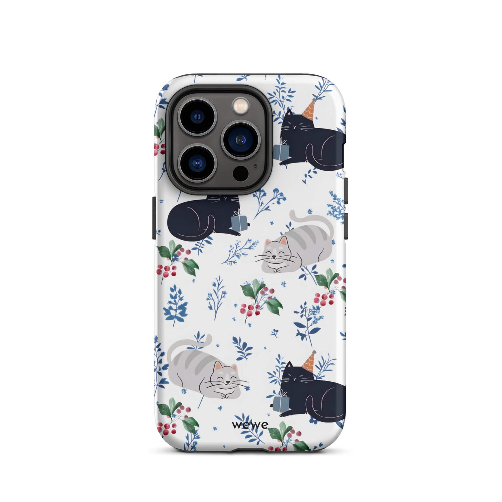 Custom iPhone case 14 pro with a cute pattern of black and gray cats wearing party hats, cherries, and floral sprigs on a white background.