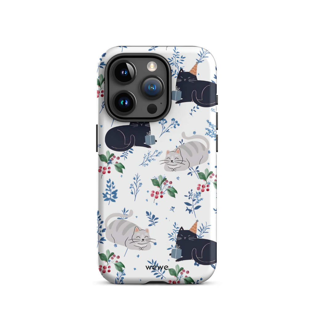 Custom iPhone case 15 pro with a cute pattern of black and gray cats wearing party hats, cherries, and floral sprigs on a white background.