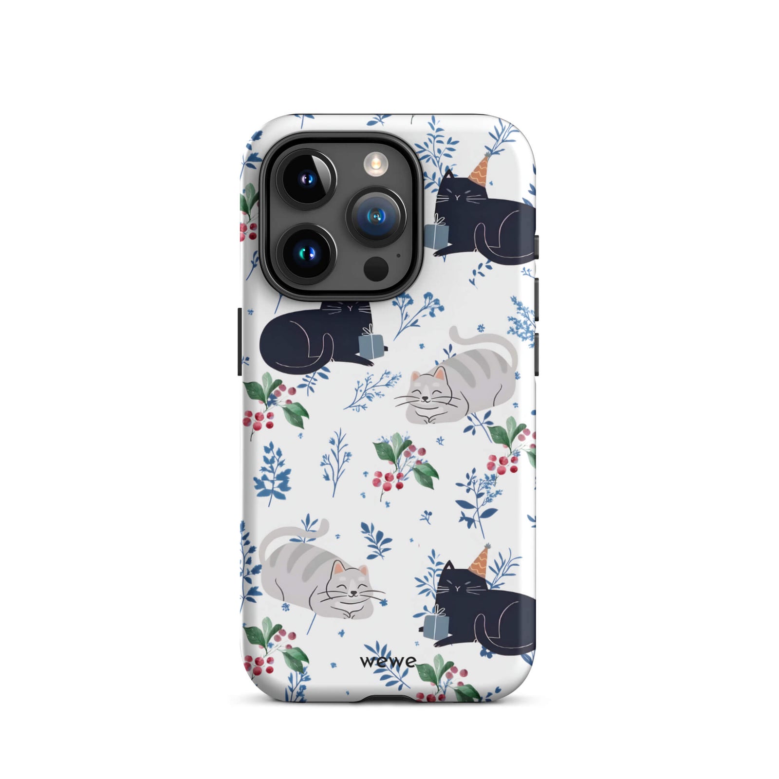 Custom iPhone case 15 pro with a cute pattern of black and gray cats wearing party hats, cherries, and floral sprigs on a white background.