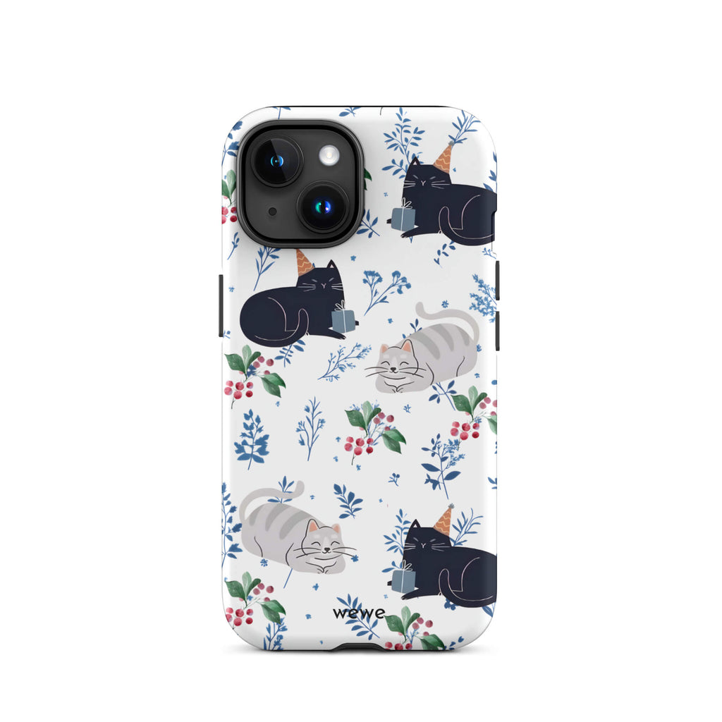 Custom iPhone case 15 with a cute pattern of black and gray cats wearing party hats, cherries, and floral sprigs on a white background.