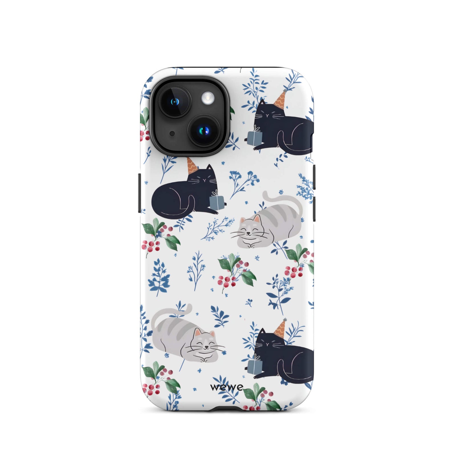 Custom iPhone case 15 with a cute pattern of black and gray cats wearing party hats, cherries, and floral sprigs on a white background.