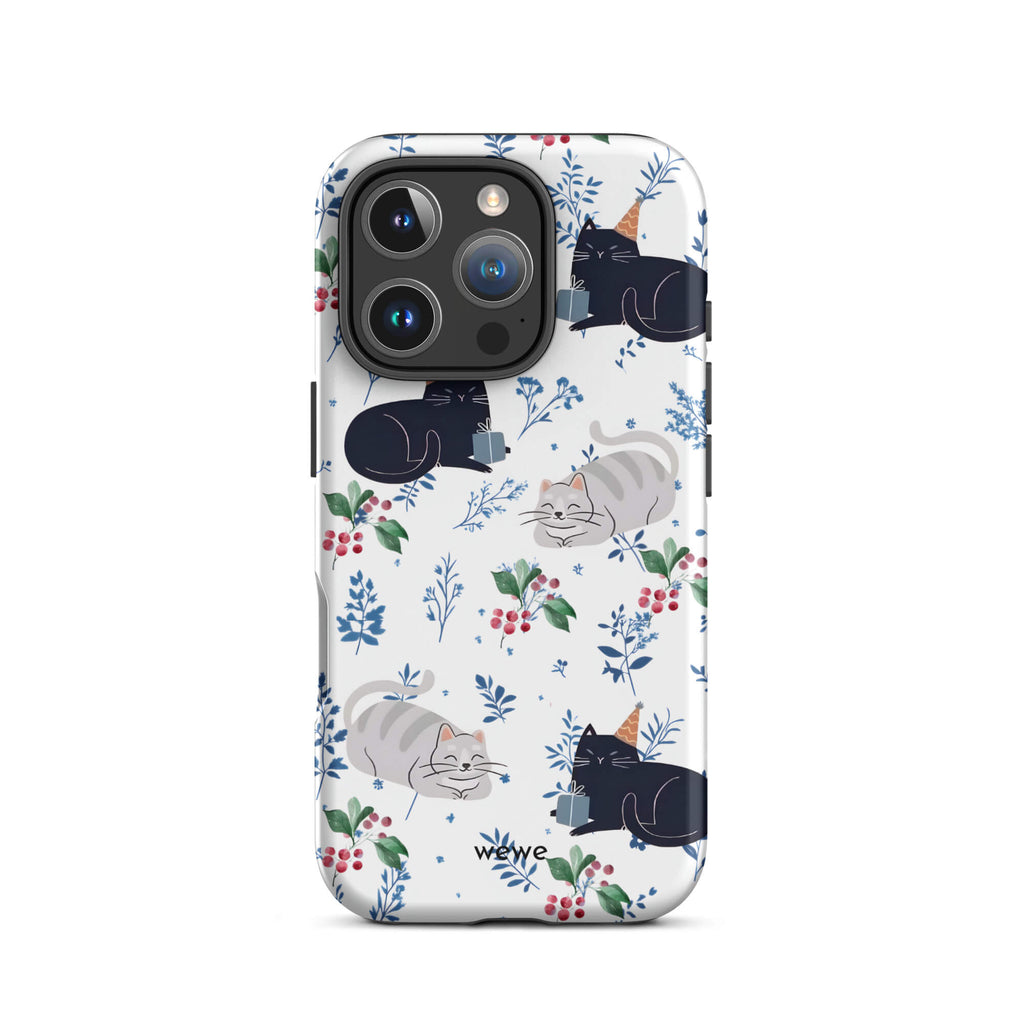 Custom iPhone case 16 pro with a cute pattern of black and gray cats wearing party hats, cherries, and floral sprigs on a white background.