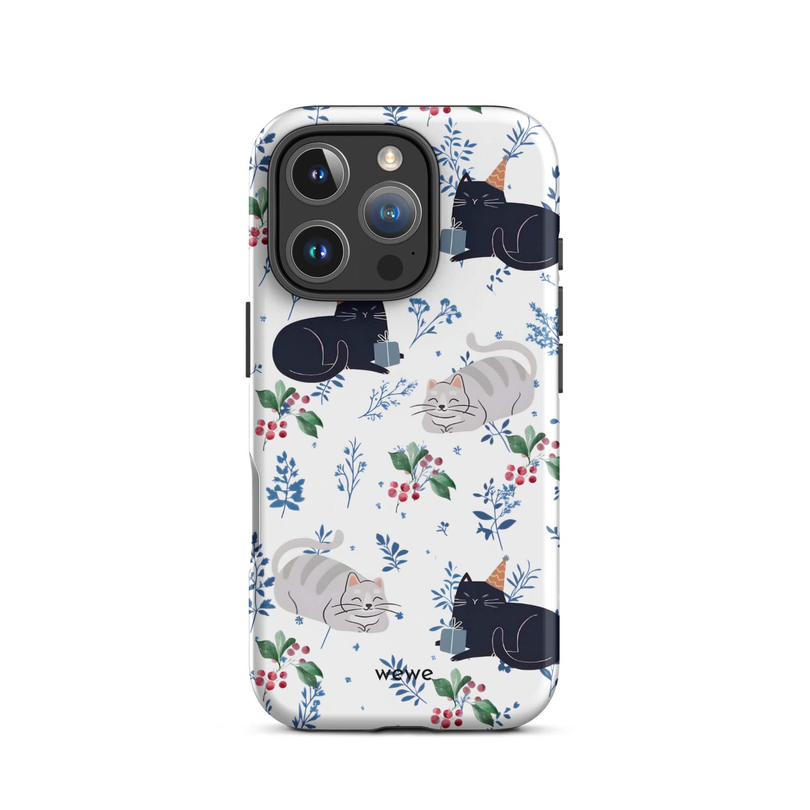 Custom iPhone case 16 pro with a cute pattern of black and gray cats wearing party hats, cherries, and floral sprigs on a white background.