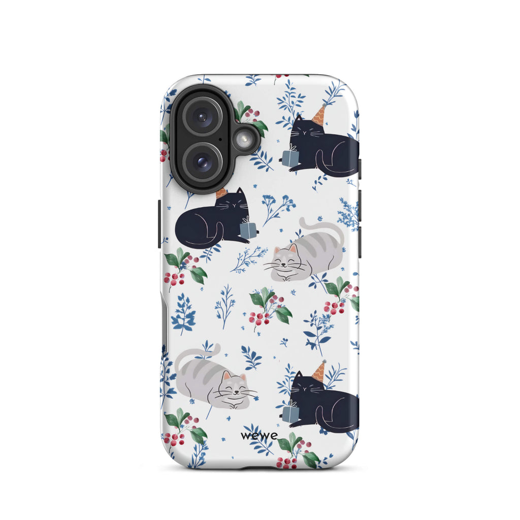 Custom iPhone case 16 with a cute pattern of black and gray cats wearing party hats, cherries, and floral sprigs on a white background.