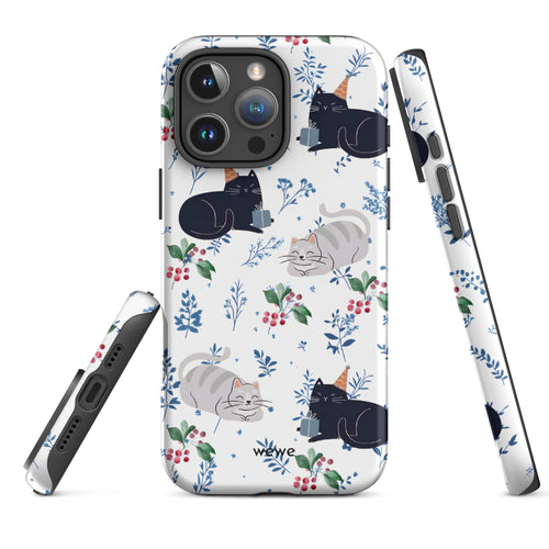 Custom iPhone case 16 pro max with a cute pattern of black and gray cats wearing party hats, cherries, and floral sprigs on a white background.