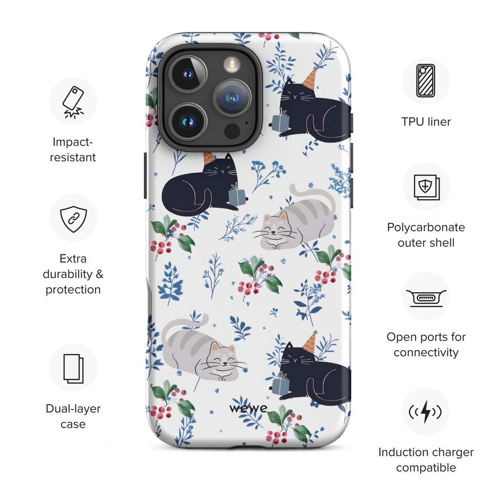 Custom iPhone case 16 pro max with a cute pattern of black and gray cats wearing party hats, cherries, and floral sprigs on a white background.
