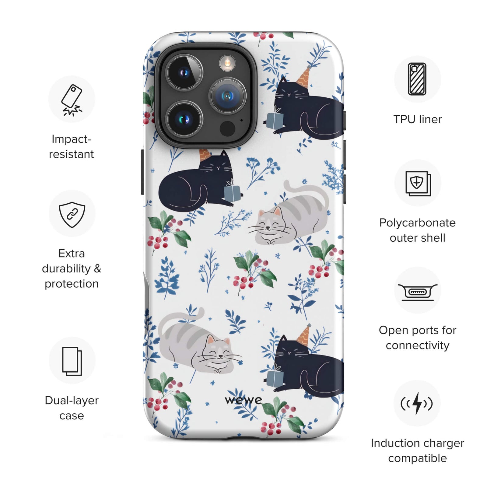 Custom iPhone case 16 pro max with a cute pattern of black and gray cats wearing party hats, cherries, and floral sprigs on a white background.