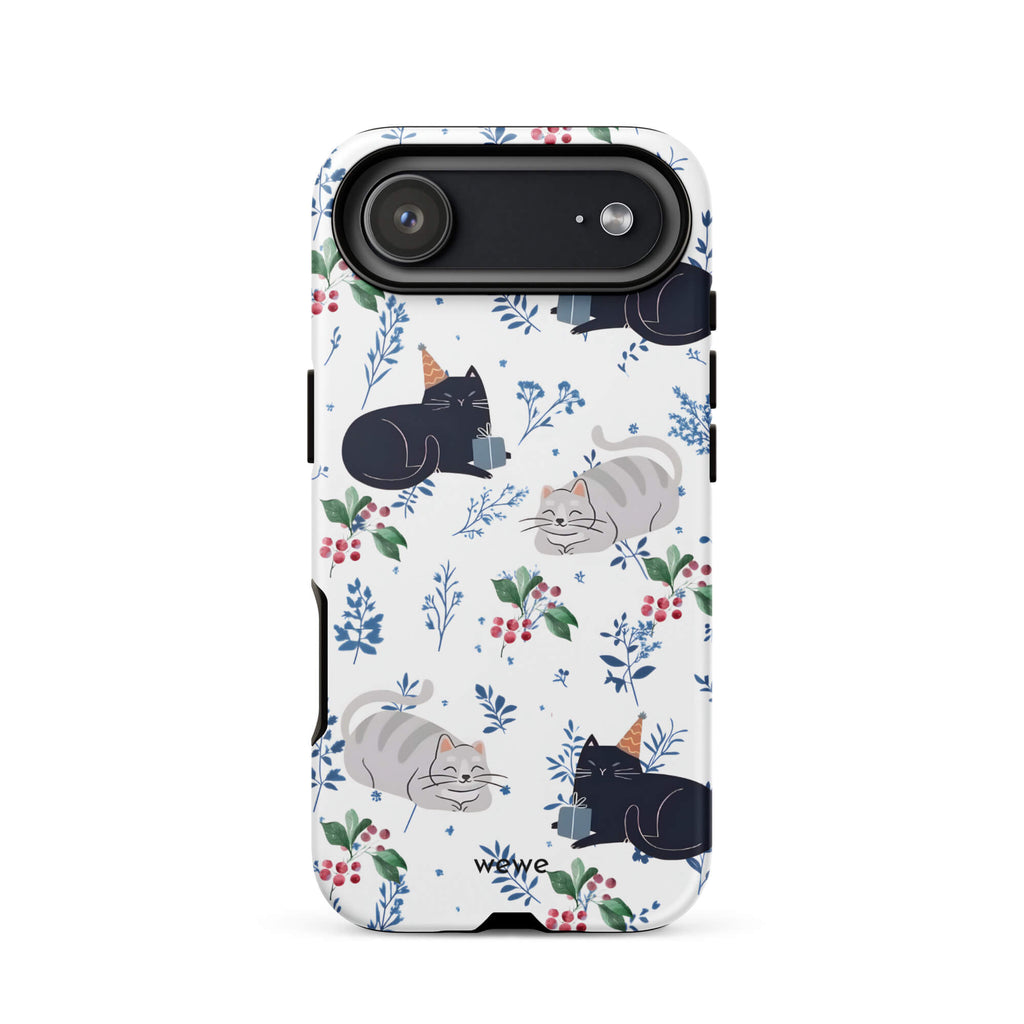 Custom iPhone case 17 air with a cute pattern of black and gray cats wearing party hats, cherries, and floral sprigs on a white background.
