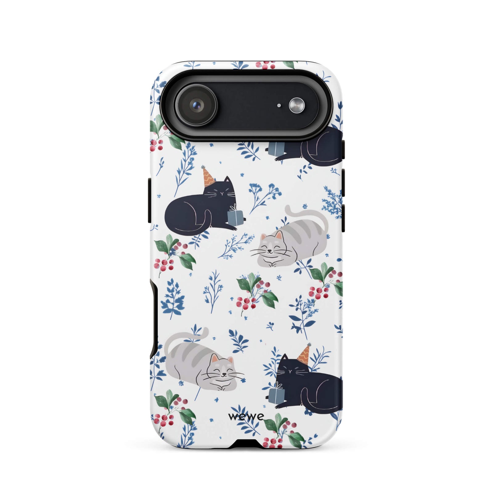 Custom iPhone case 17 air with a cute pattern of black and gray cats wearing party hats, cherries, and floral sprigs on a white background.