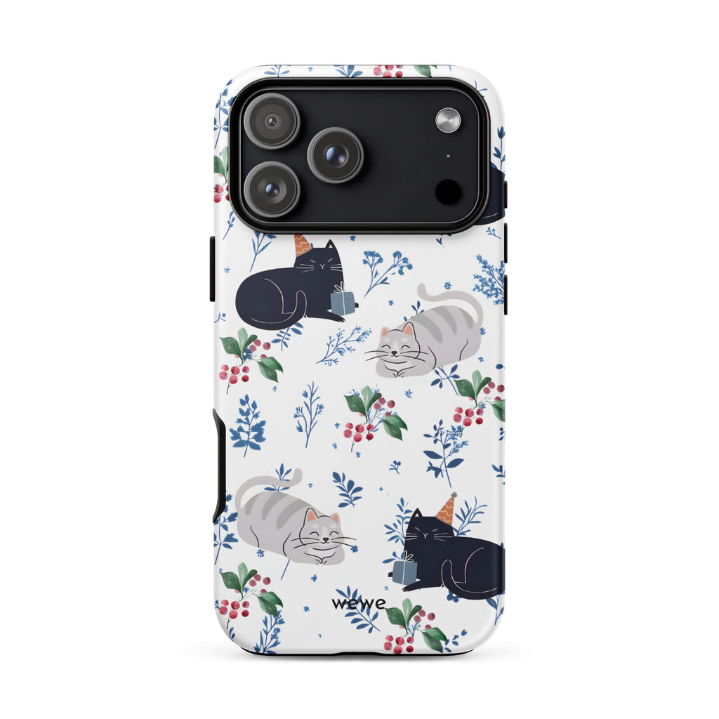 Custom iPhone case 17 pro max with a cute pattern of black and gray cats wearing party hats, cherries, and floral sprigs on a white background.