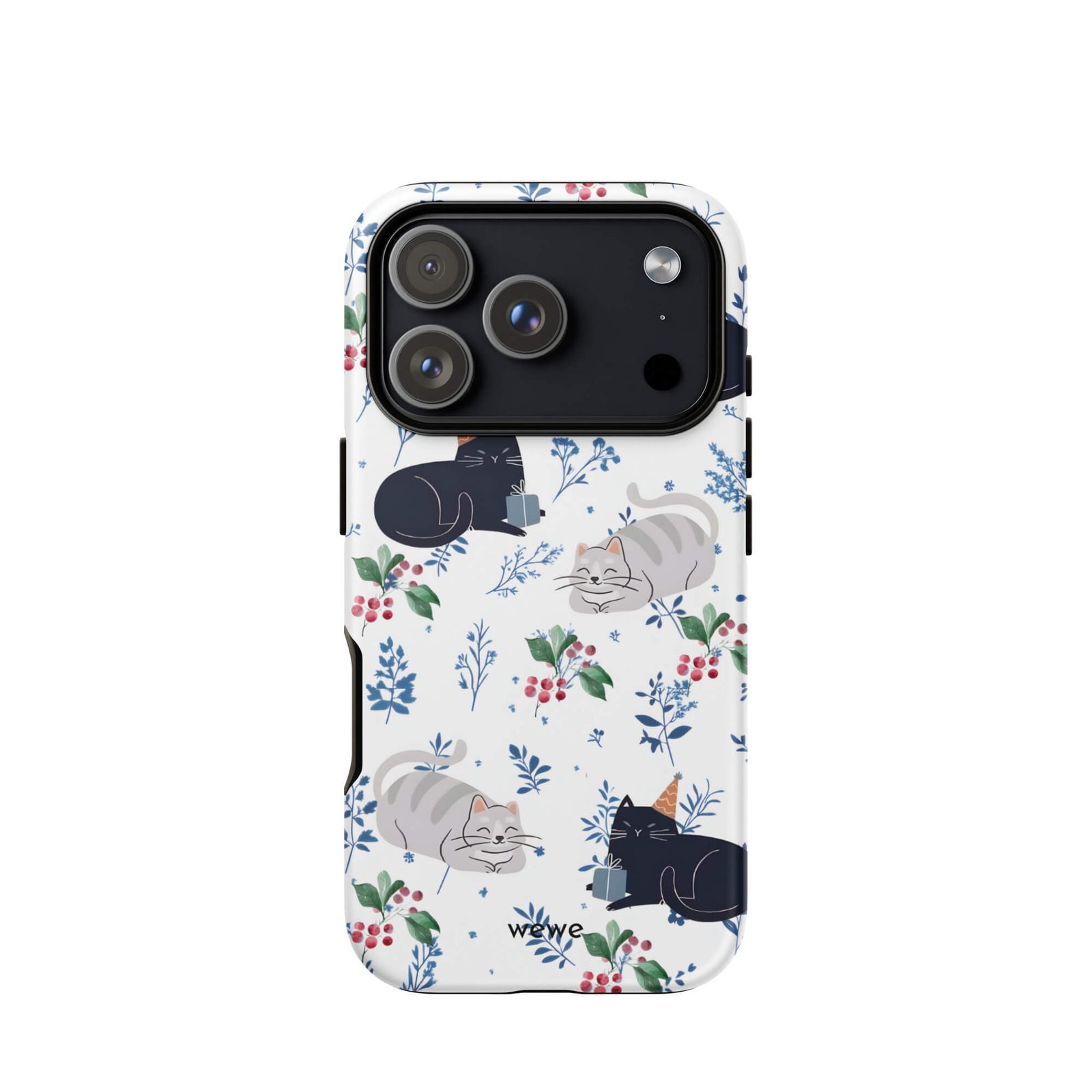 Custom iPhone case 17 pro with a cute pattern of black and gray cats wearing party hats, cherries, and floral sprigs on a white background.