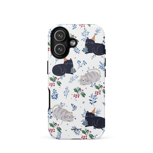 Custom iPhone case 17 with a cute pattern of black and gray cats wearing party hats, cherries, and floral sprigs on a white background.