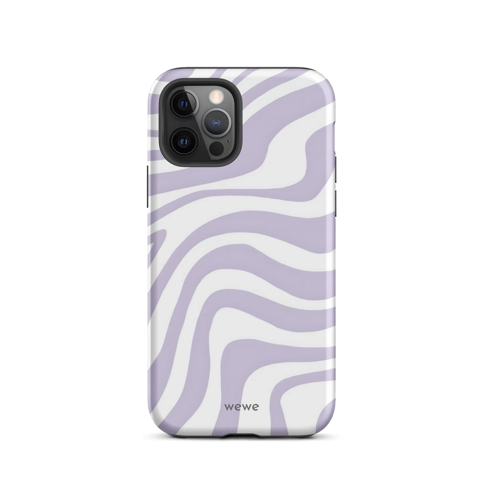 Custom iPhone case 12 pro with a purple and white wavy, abstract pattern.