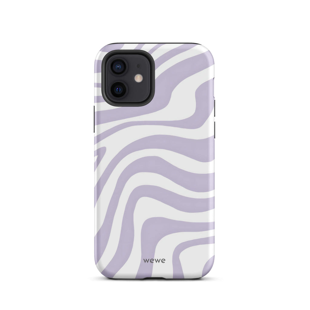 Custom iPhone case 12 with a purple and white wavy, abstract pattern.