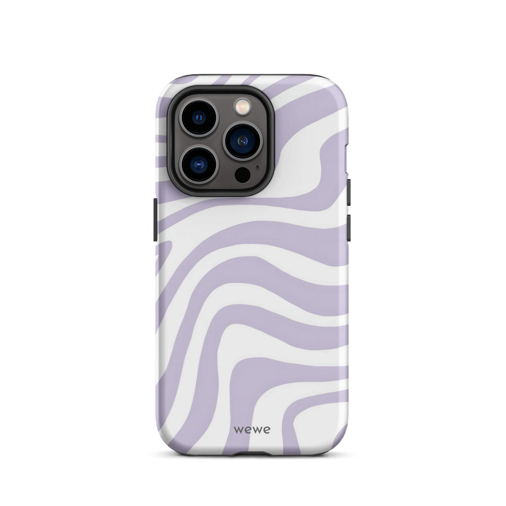 Custom iPhone case 14 pro with a purple and white wavy, abstract pattern.