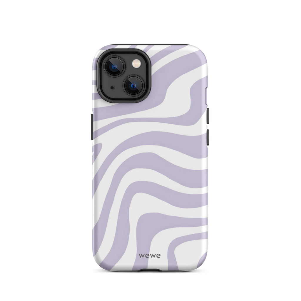 Custom iPhone case 14 with a purple and white wavy, abstract pattern.