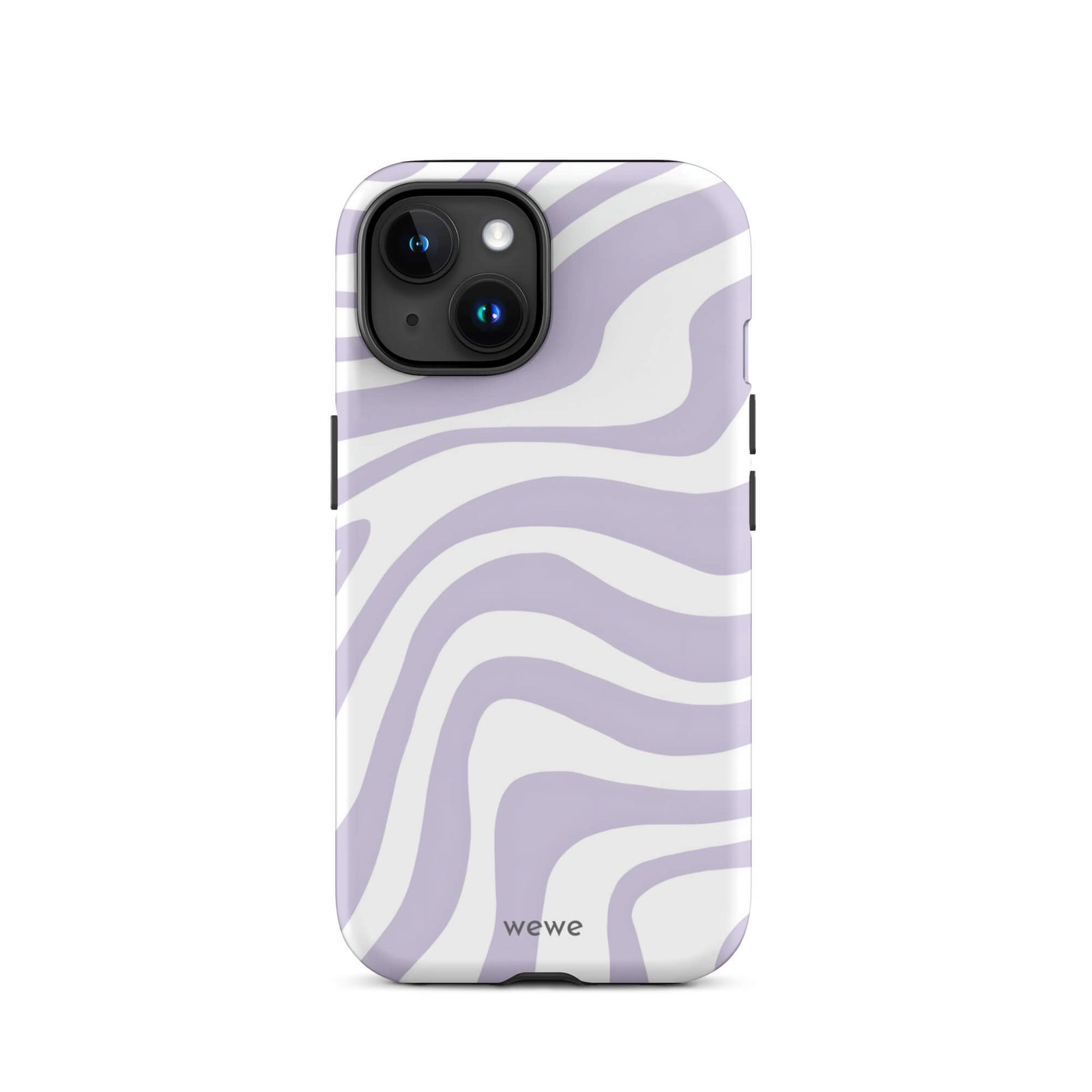 Custom iPhone case 15 with a purple and white wavy, abstract pattern.