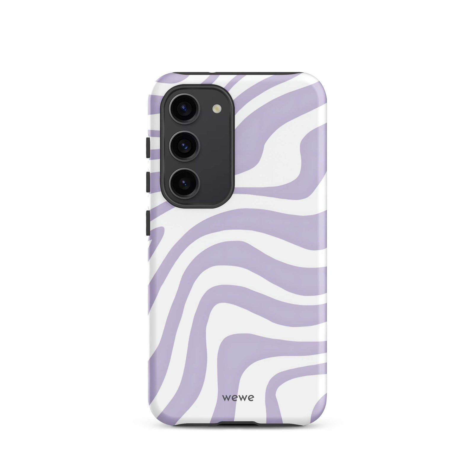 Custom samsung galaxy s23 Phone case with a purple and white wavy, abstract pattern.