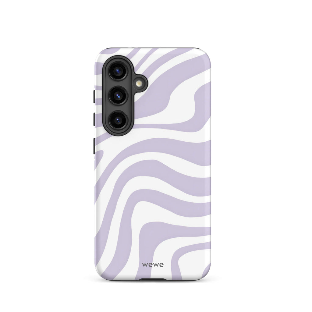 Custom samsung galaxy s24 Phone case with a purple and white wavy, abstract pattern.