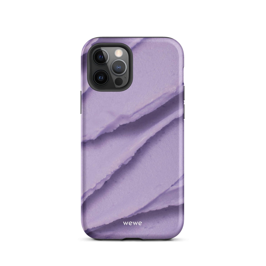 Custom iPhone case 12 pro with a close-up, macro photo of a textured, light purple frosting or ice cream.