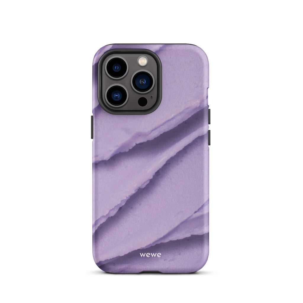 Custom iPhone case 13 pro with a close-up, macro photo of a textured, light purple frosting or ice cream.