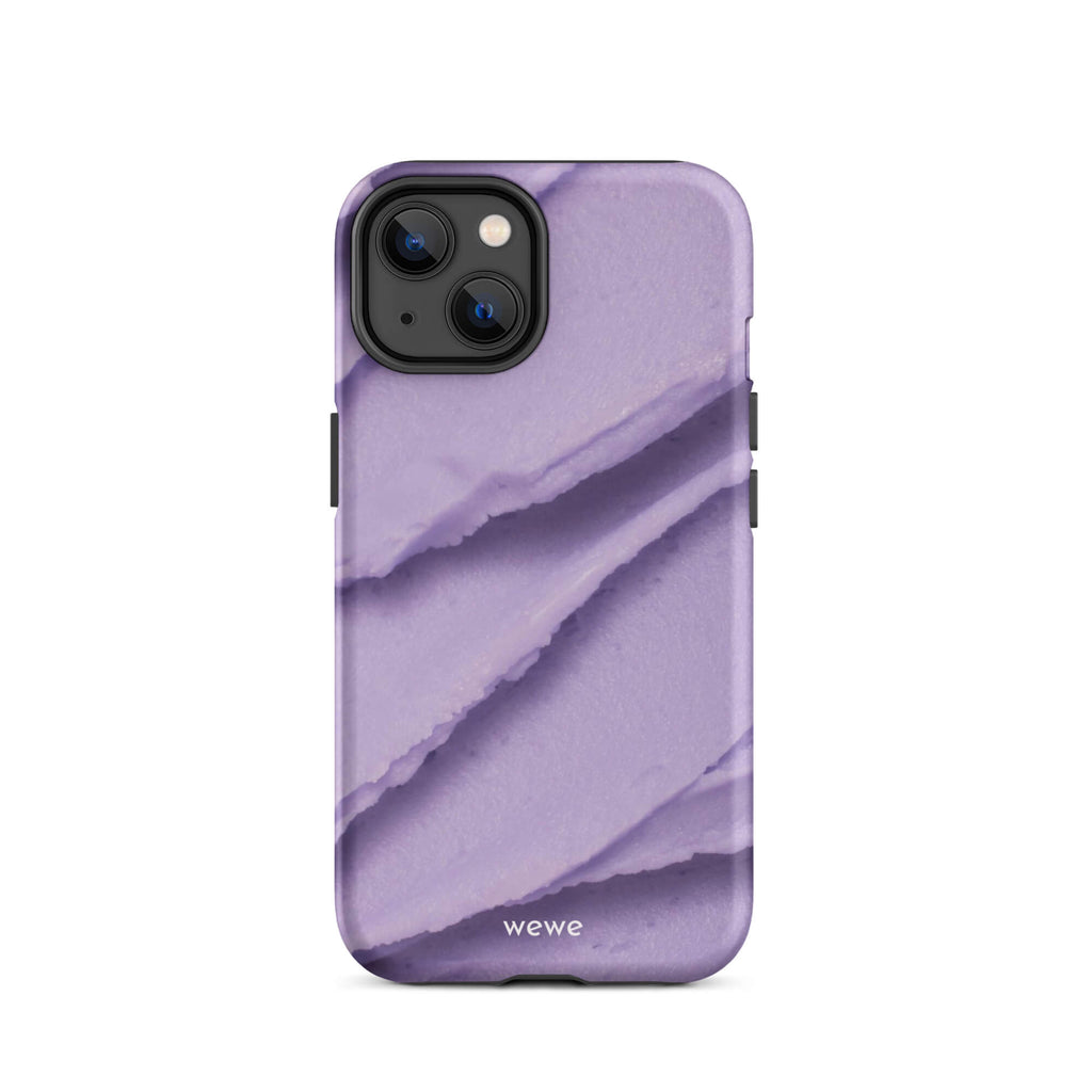 Custom iPhone case 14 with a close-up, macro photo of a textured, light purple frosting or ice cream.