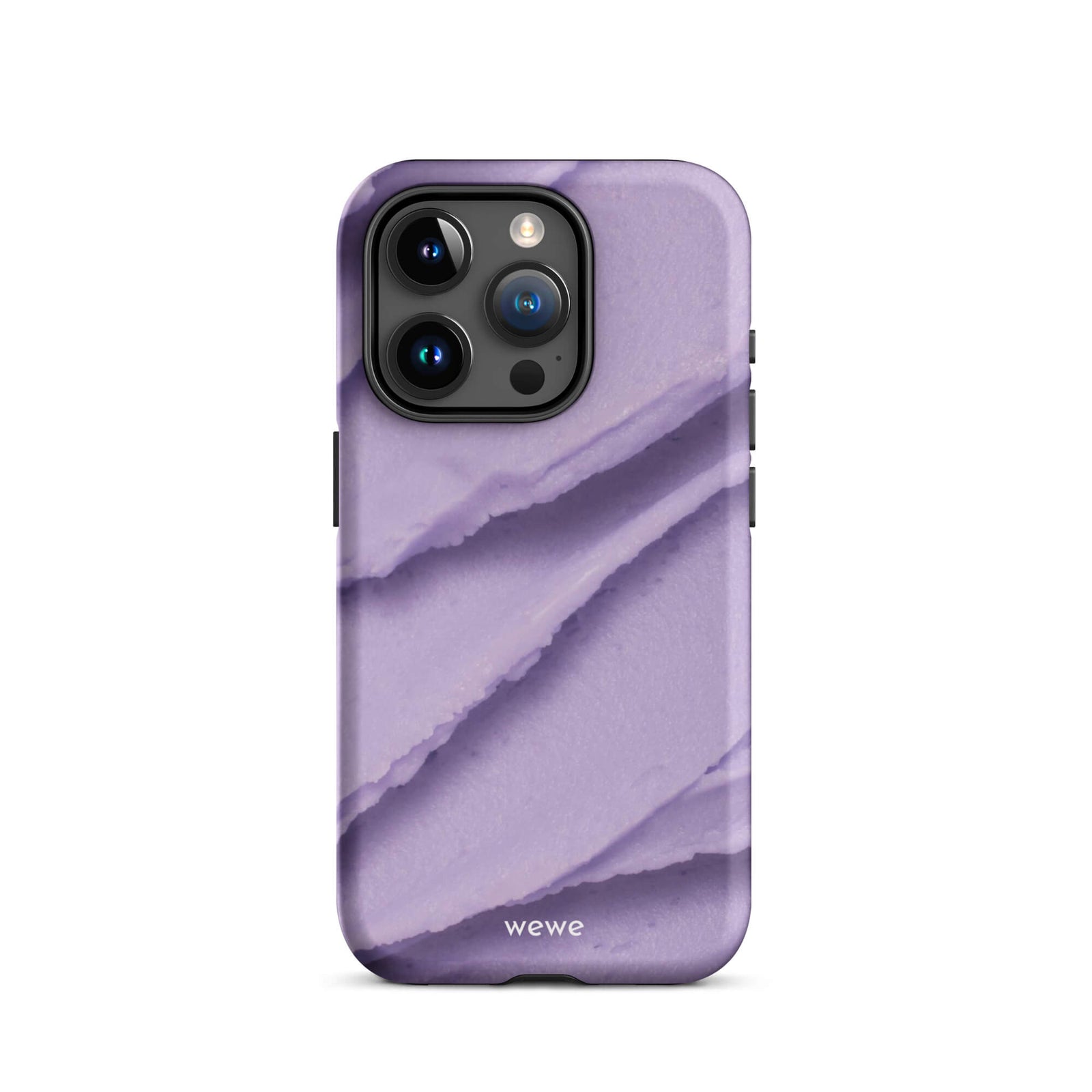 Custom iPhone case 15 pro with a close-up, macro photo of a textured, light purple frosting or ice cream.