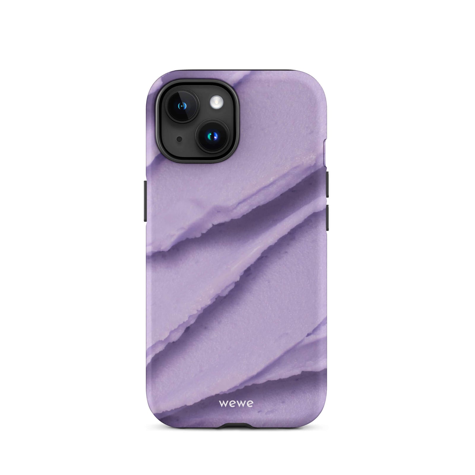 Custom iPhone case 15 with a close-up, macro photo of a textured, light purple frosting or ice cream.