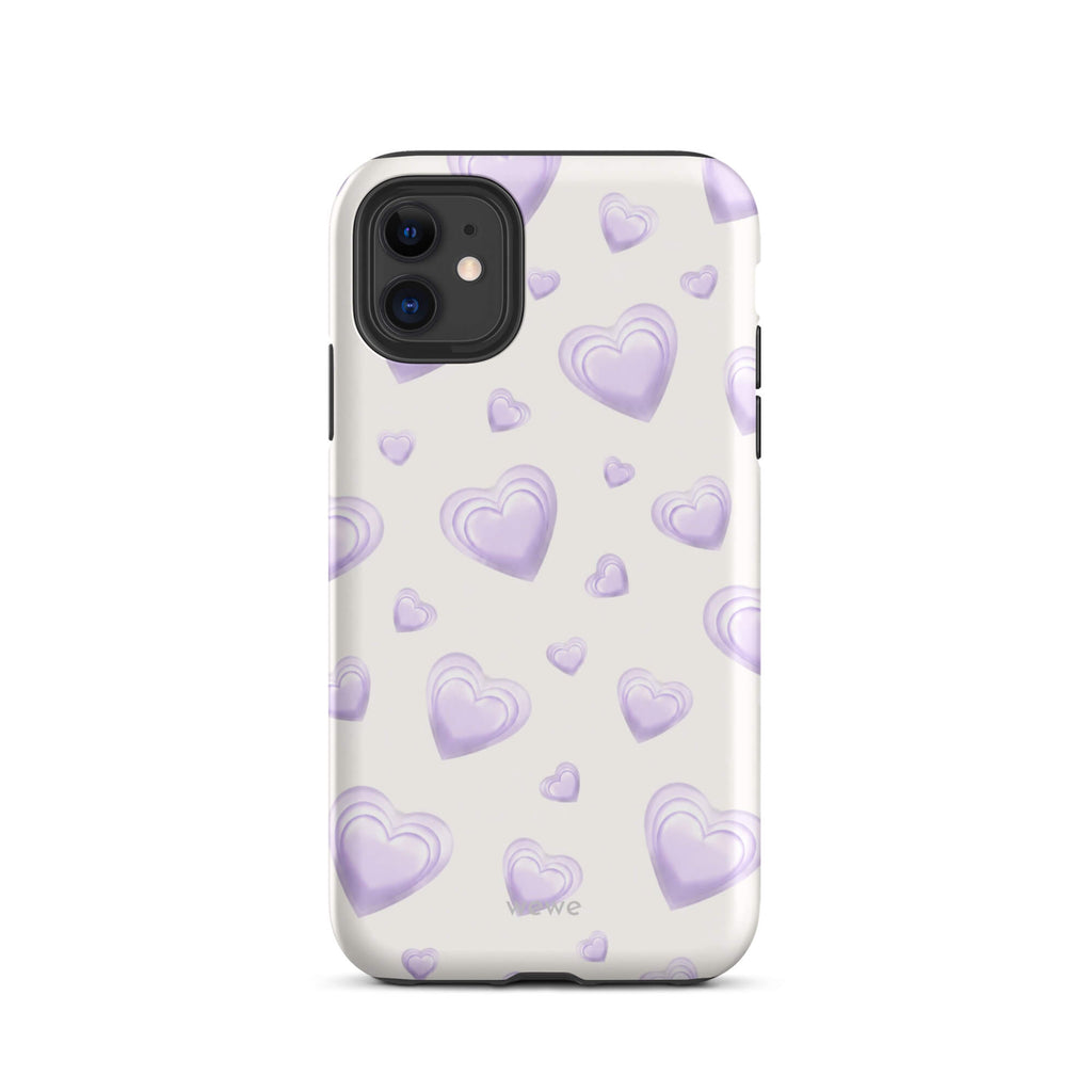 Purple Heart Phone Case featuring scattered layered lavender and lilac 3D hearts in mixed sizes on a creamy white background