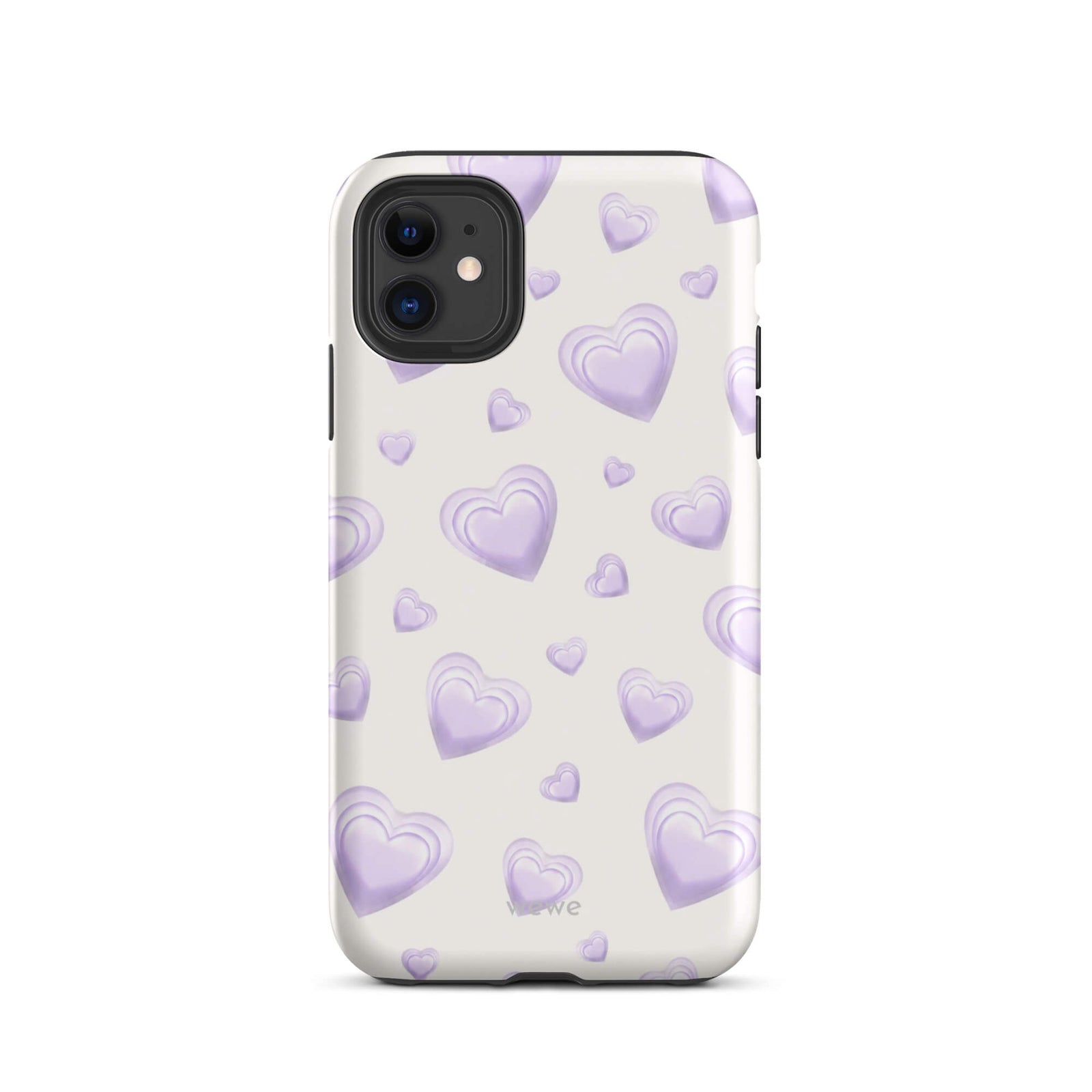 Purple Heart Phone Case featuring scattered layered lavender and lilac 3D hearts in mixed sizes on a creamy white background