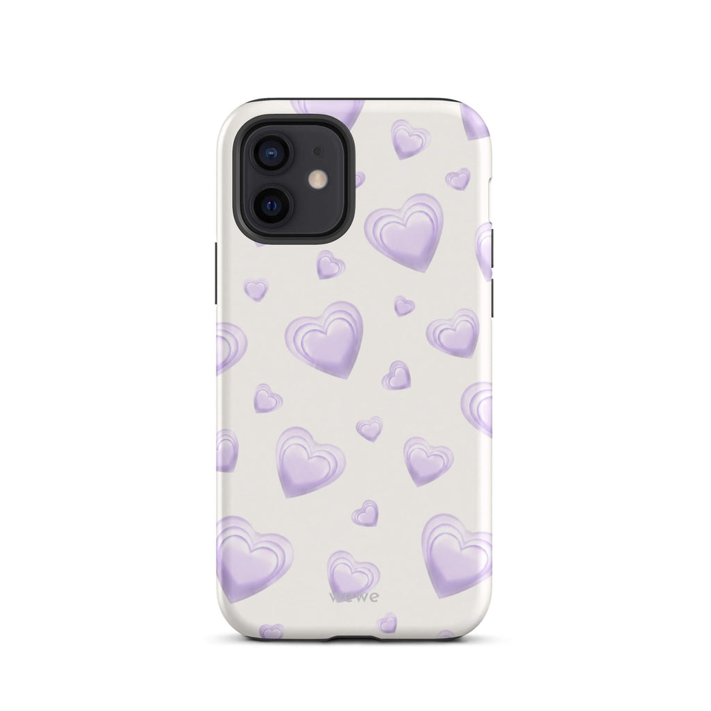 Purple Heart Phone Case featuring scattered layered lavender and lilac 3D hearts in mixed sizes on a creamy white background
