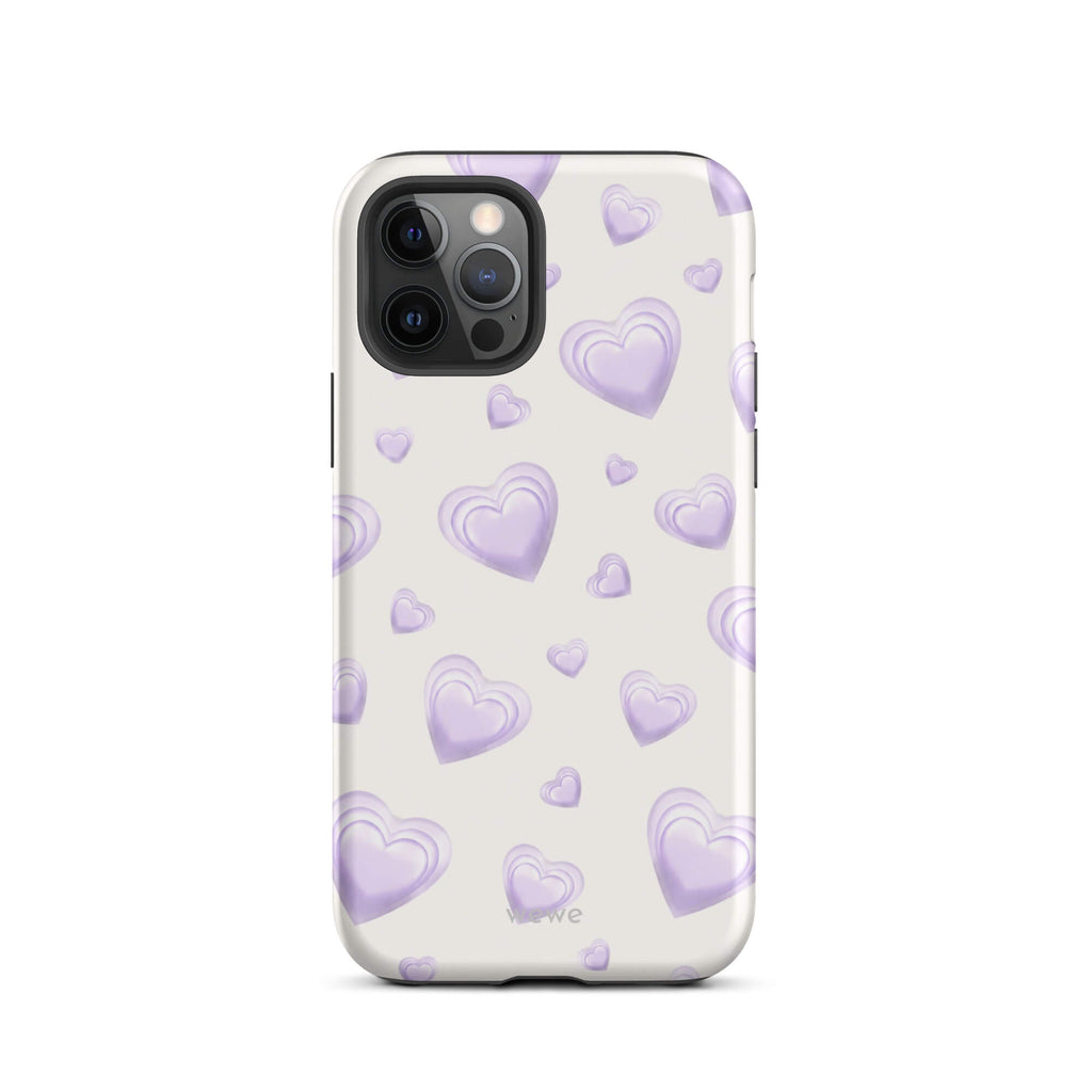 Purple Heart Phone Case featuring scattered layered lavender and lilac 3D hearts in mixed sizes on a creamy white background