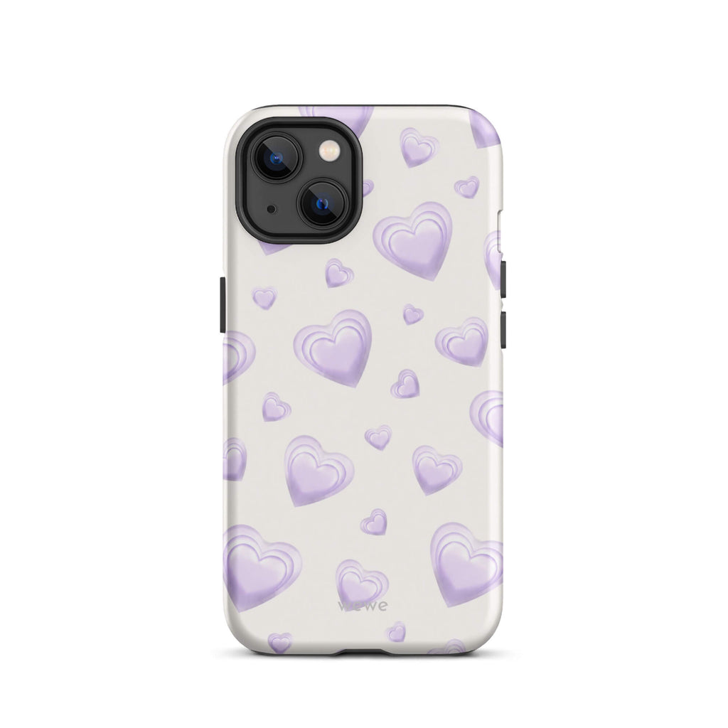 Purple Heart Phone Case featuring scattered layered lavender and lilac 3D hearts in mixed sizes on a creamy white background