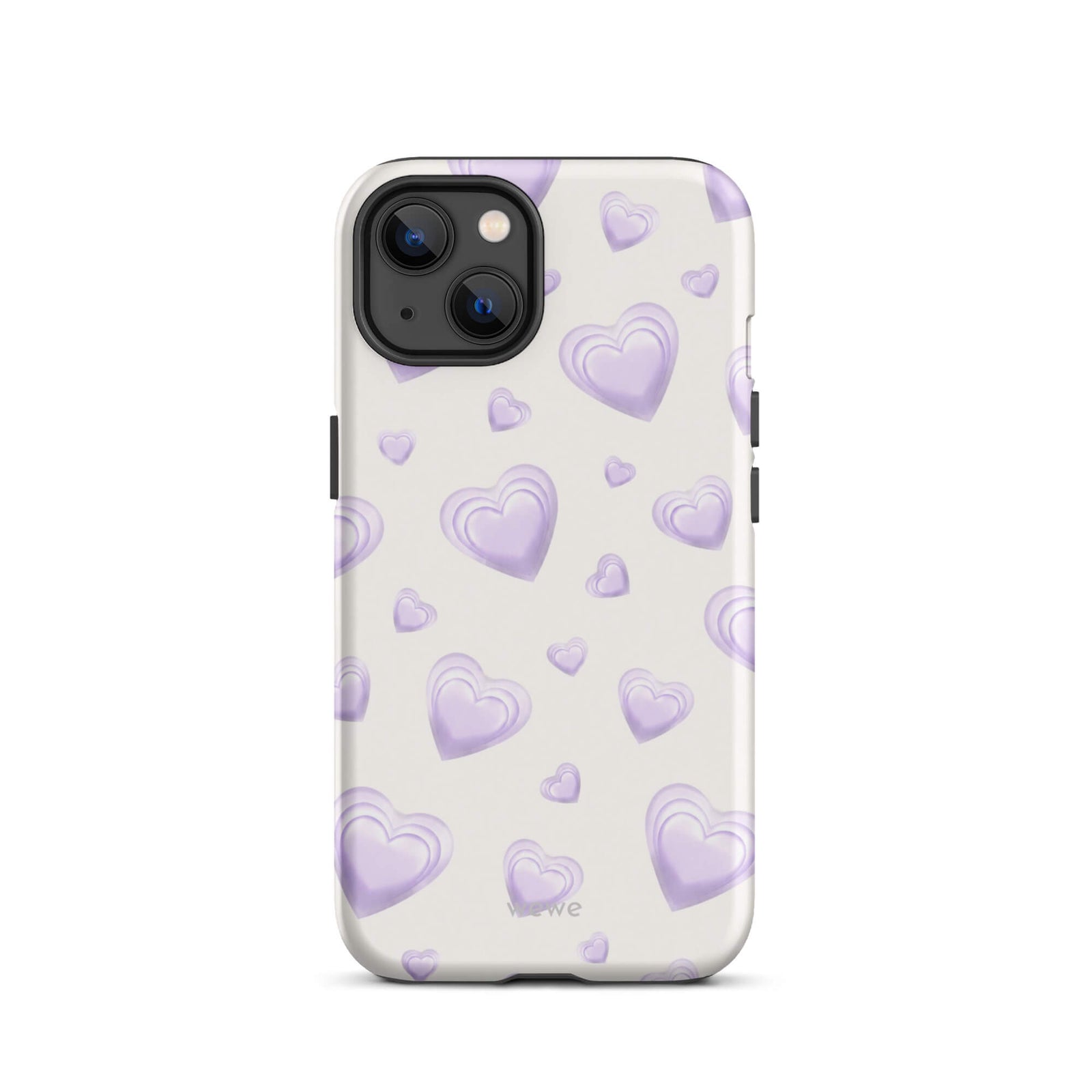Purple Heart Phone Case featuring scattered layered lavender and lilac 3D hearts in mixed sizes on a creamy white background