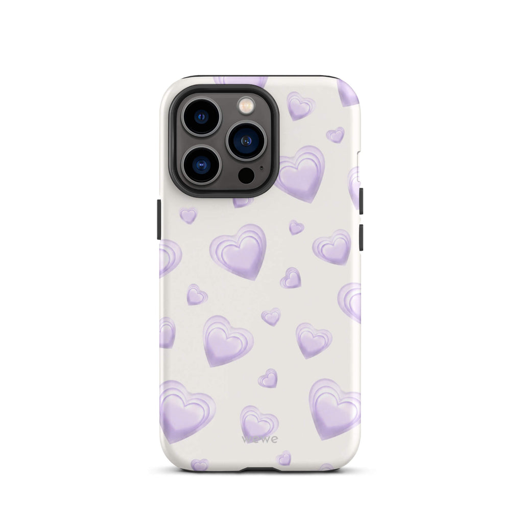 Purple Heart Phone Case featuring scattered layered lavender and lilac 3D hearts in mixed sizes on a creamy white background