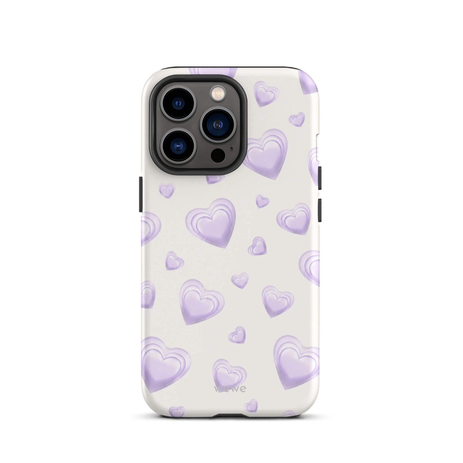 Purple Heart Phone Case featuring scattered layered lavender and lilac 3D hearts in mixed sizes on a creamy white background