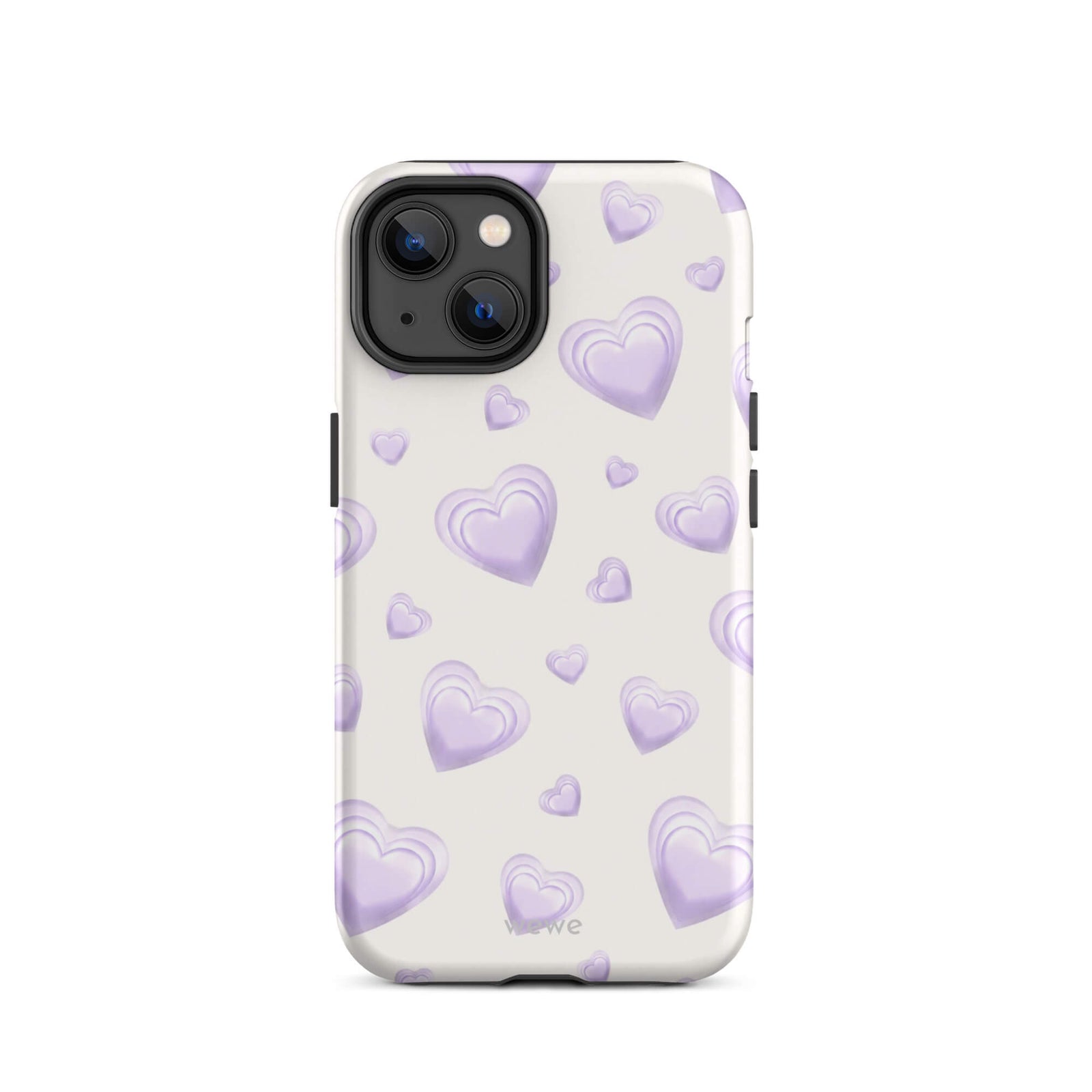Purple Heart Phone Case featuring scattered layered lavender and lilac 3D hearts in mixed sizes on a creamy white background