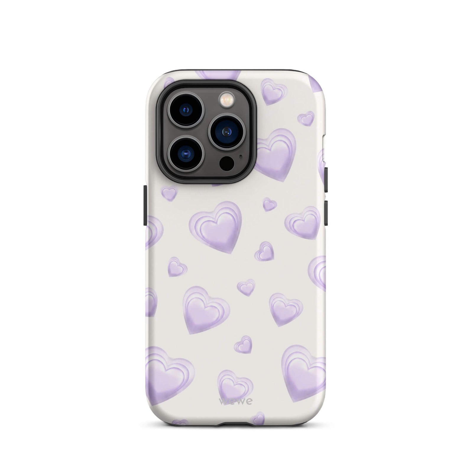 Purple Heart Phone Case featuring scattered layered lavender and lilac 3D hearts in mixed sizes on a creamy white background