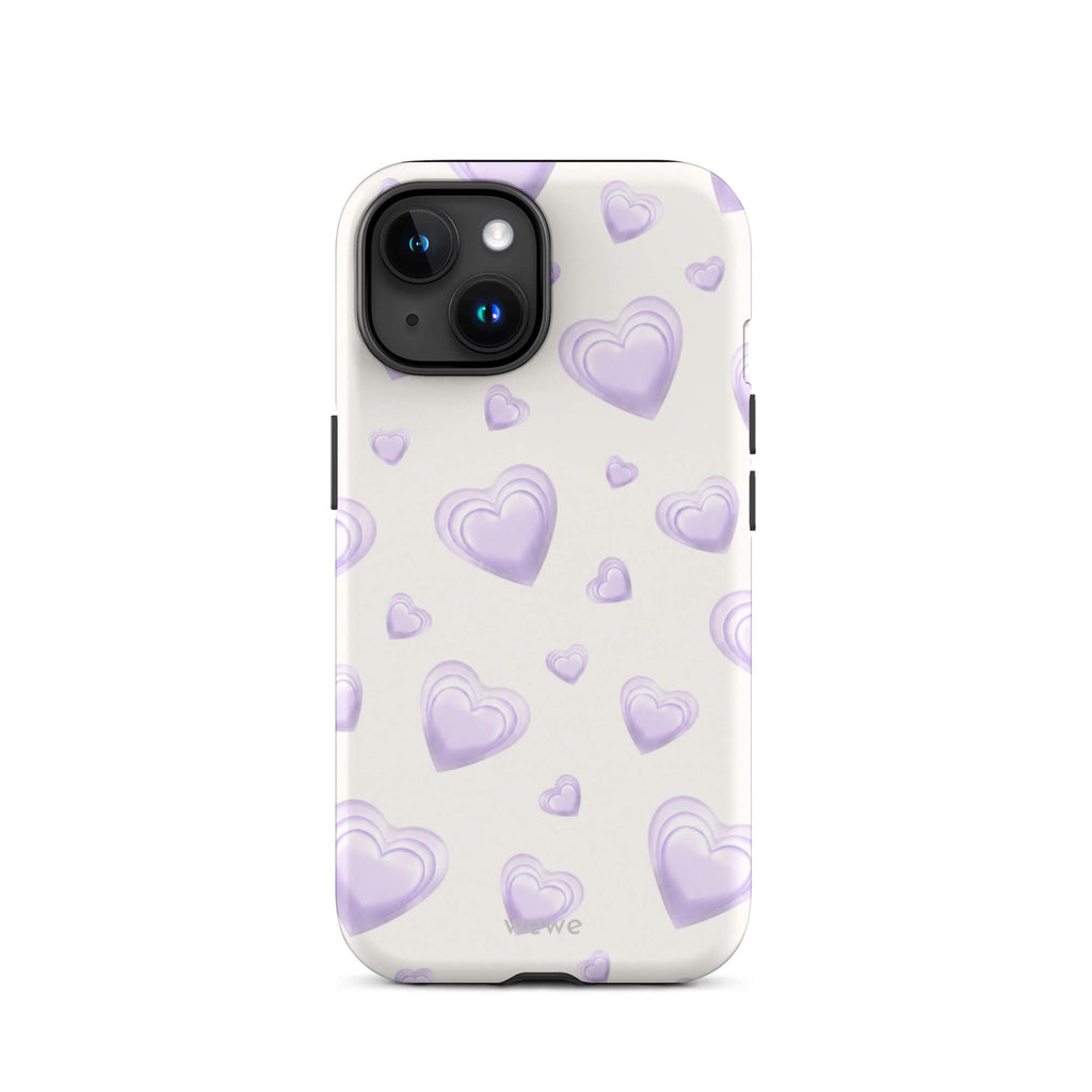 Purple Heart Phone Case featuring scattered layered lavender and lilac 3D hearts in mixed sizes on a creamy white background