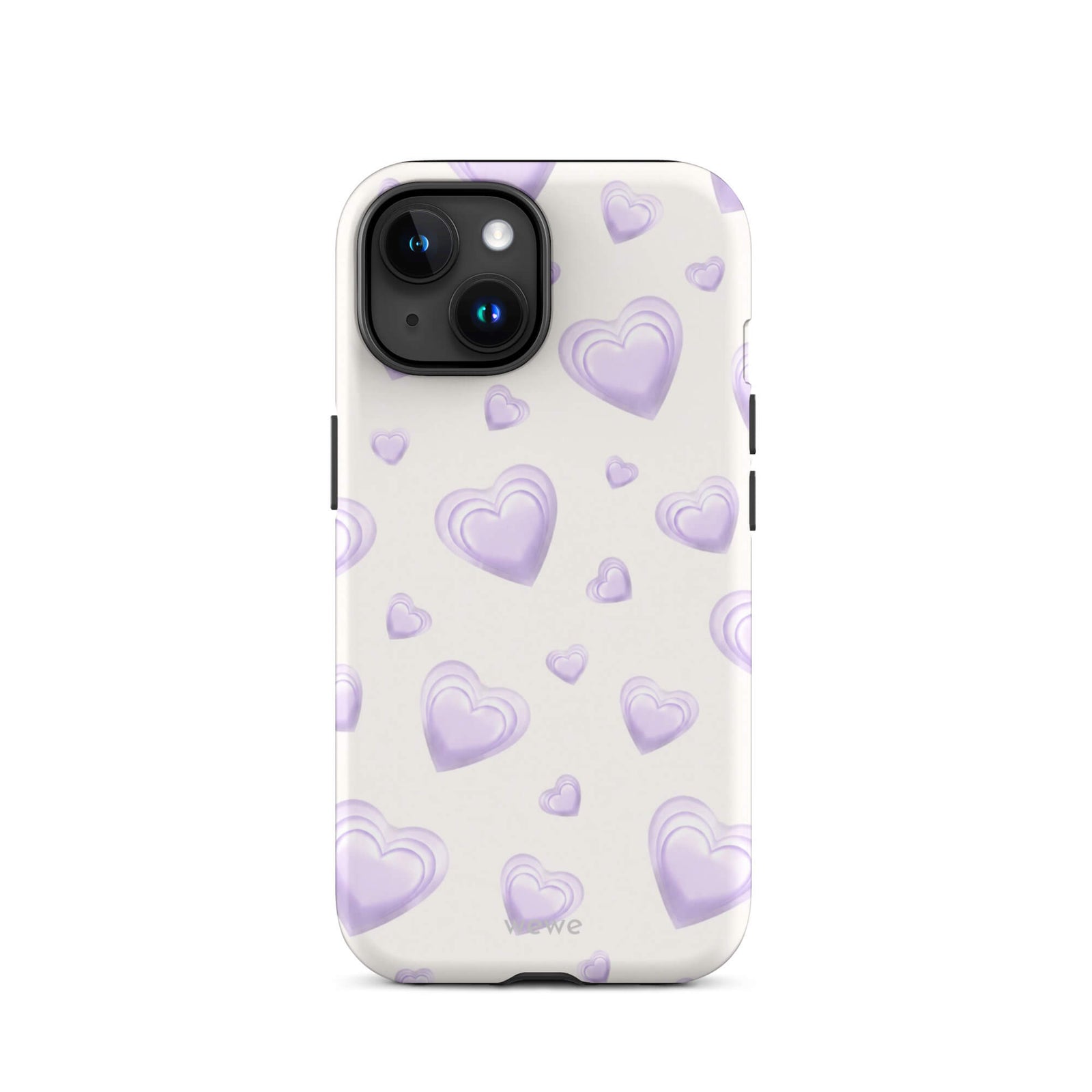 Purple Heart Phone Case featuring scattered layered lavender and lilac 3D hearts in mixed sizes on a creamy white background
