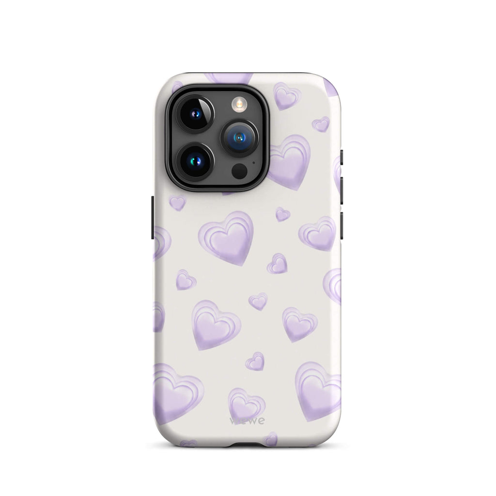 Purple Heart Phone Case featuring scattered layered lavender and lilac 3D hearts in mixed sizes on a creamy white background
